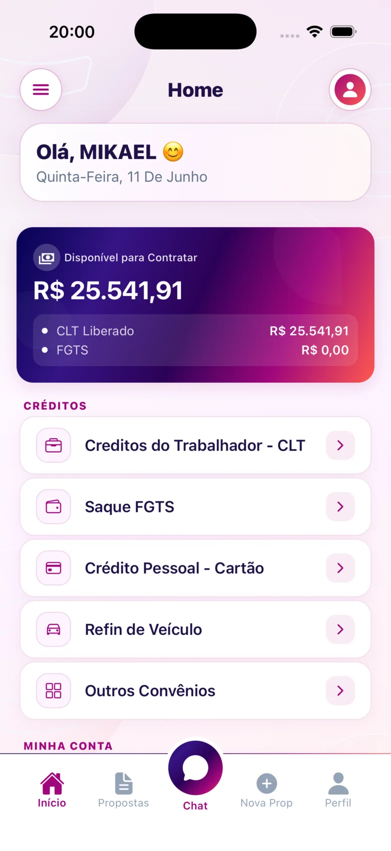 Dashboard do app CIDAPAY com o crédito disponível
