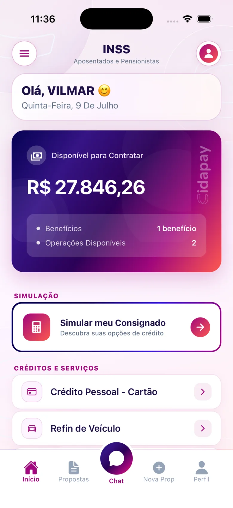 Benefício do INSS na tela inicial do app CIDAPAY