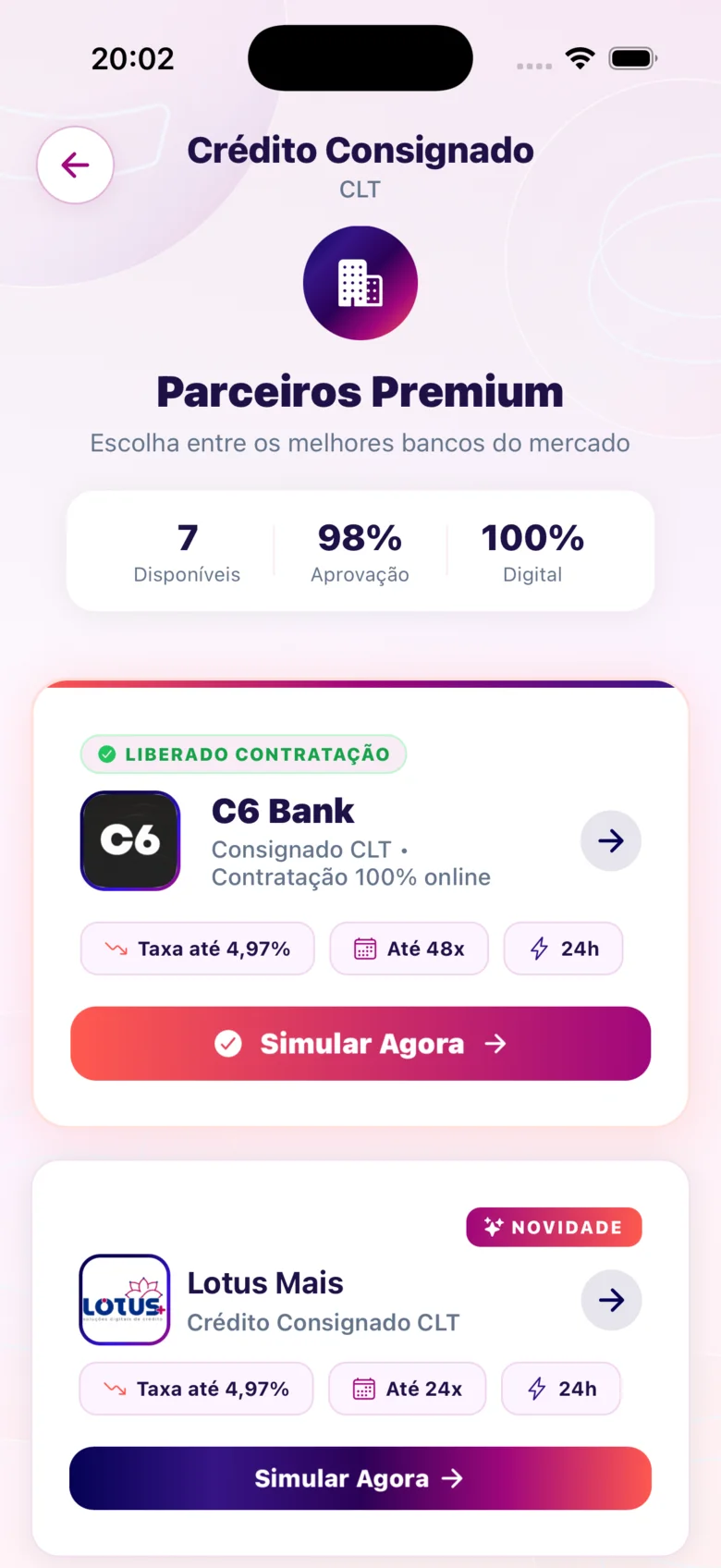 Ofertas dos bancos parceiros para o consignado CLT no app CIDAPAY