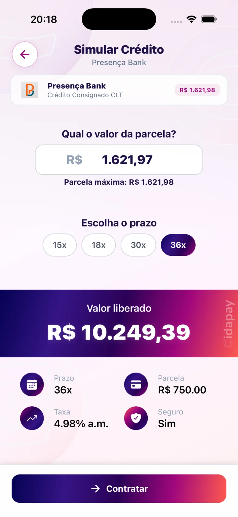Simulação do consignado CLT no app CIDAPAY